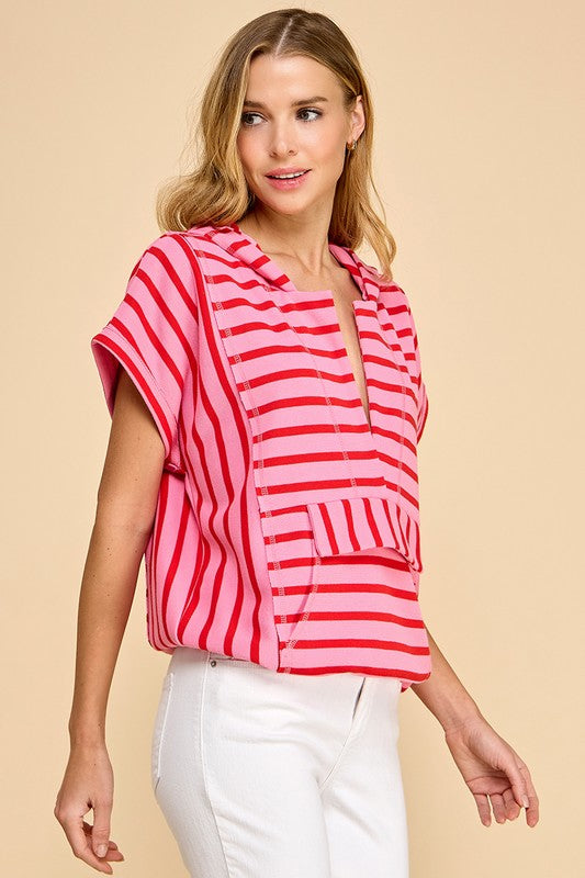 Striped Split Front Pocket Hoodie - Pink