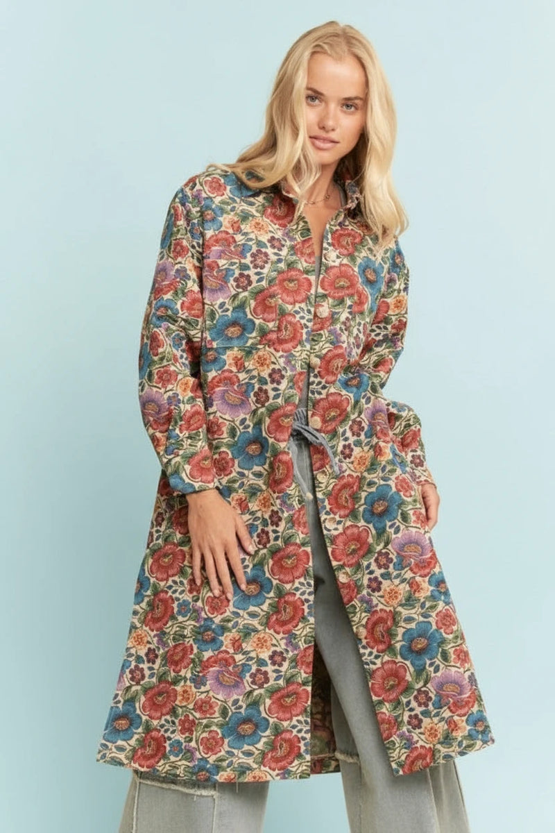 Boho Floral Jacquard Long Shirt Jacket