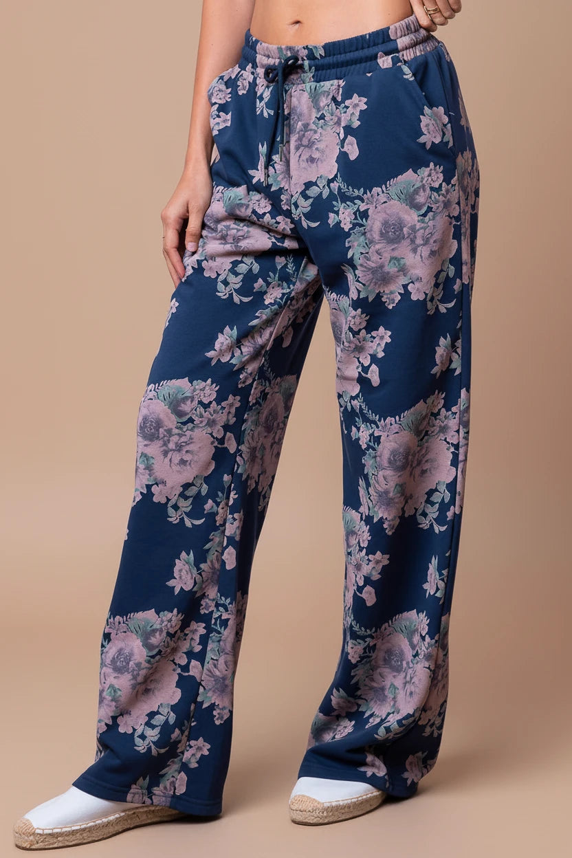 Flower Straight Jersey Pants - Navy