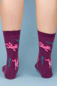 Purple socks with pink dragon design worn by a person on a white background