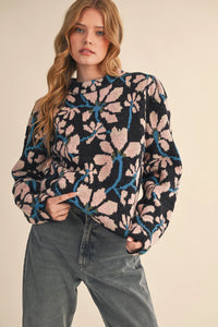 Floral Mock Neck Sweater - Black