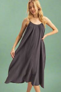Shirring Neckline Sleeveless Dress - Charcoal