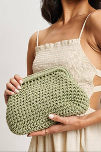 Anastasia Straw Clutch With Chain Strap - Sage