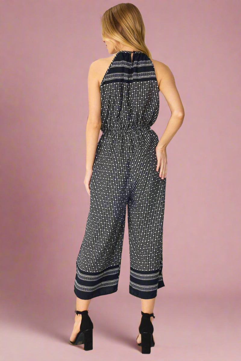 Border Mini Dot Print Cropped Jumpsuit - Black