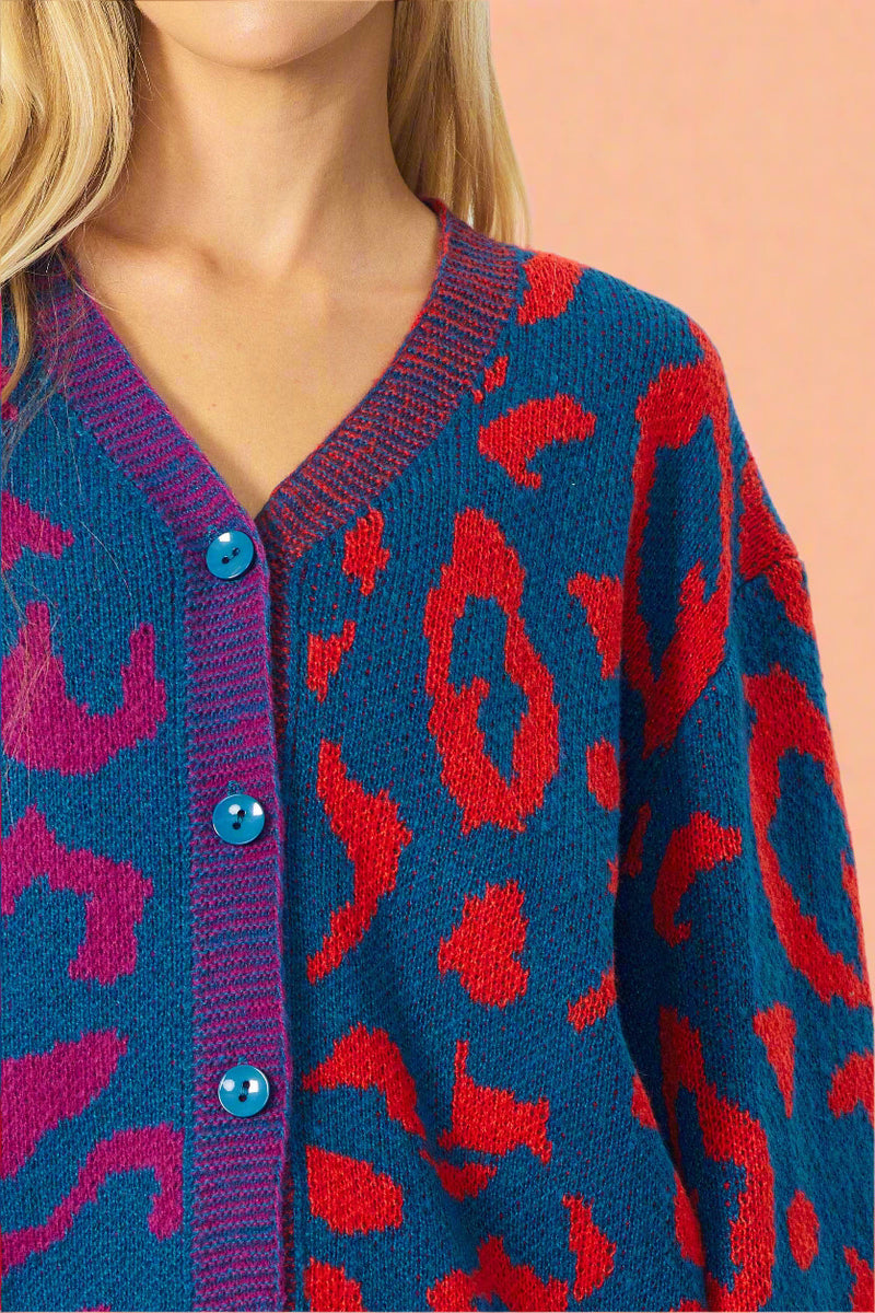 Leopard Color Block Cardigan Navy