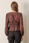 Printed V Neck Top - Mahogany