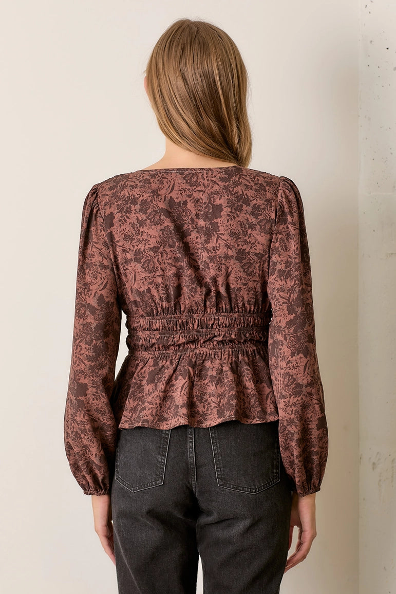 Printed V Neck Top - Mahogany
