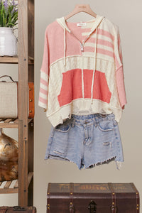 Stripe Distressed Knit Hoodie - Coral