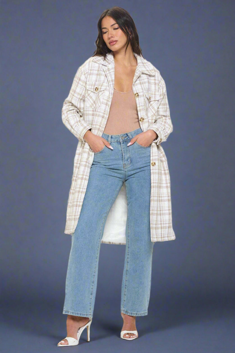 Almond Aura Plaid Shirt Coat - Brown