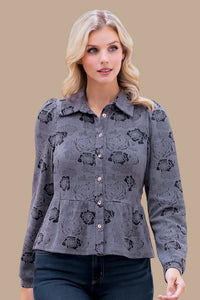 Floral Ruffle Bottom Top - Gray