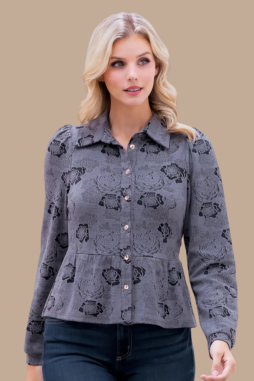 Floral Ruffle Bottom Top - Gray