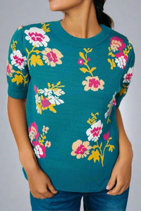 Flower Knit Short Sleeve Top - Blue