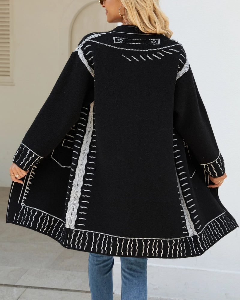 Cartoon Jacquard Long Cardigan - Black