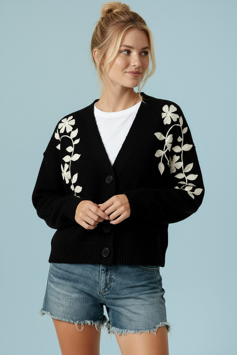 Button Down Embroidered Floral Sweater Cardigan