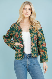 Floral Print Quilted Cotton Jacket - Green