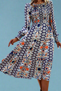 Paisley Smocked Midi Dress - Navy