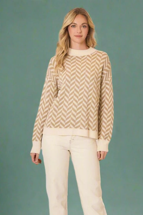 High Neck Herringbone Sweater - Natural