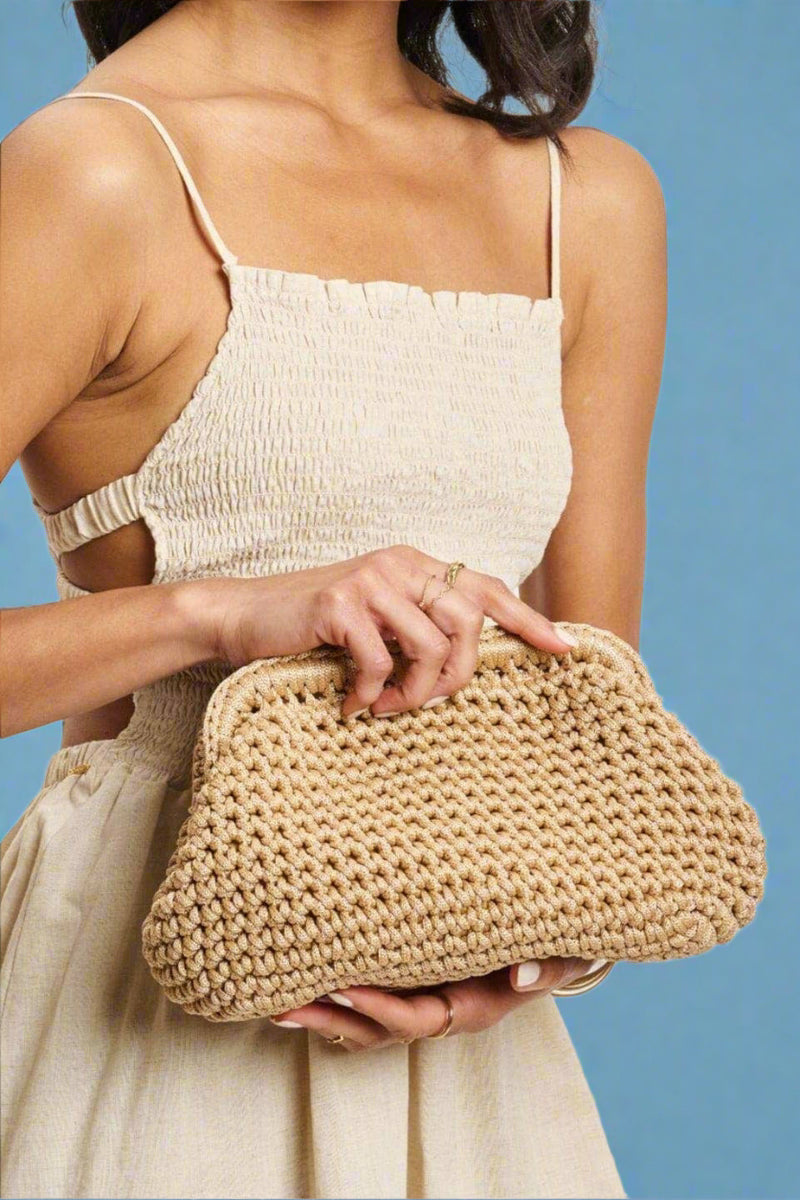 Anastasia Straw Clutch With Chain Strap - Natural