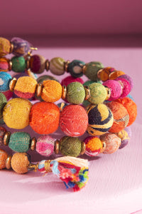 Handmade Beaded Coil Bracelet with Tassels - Multi