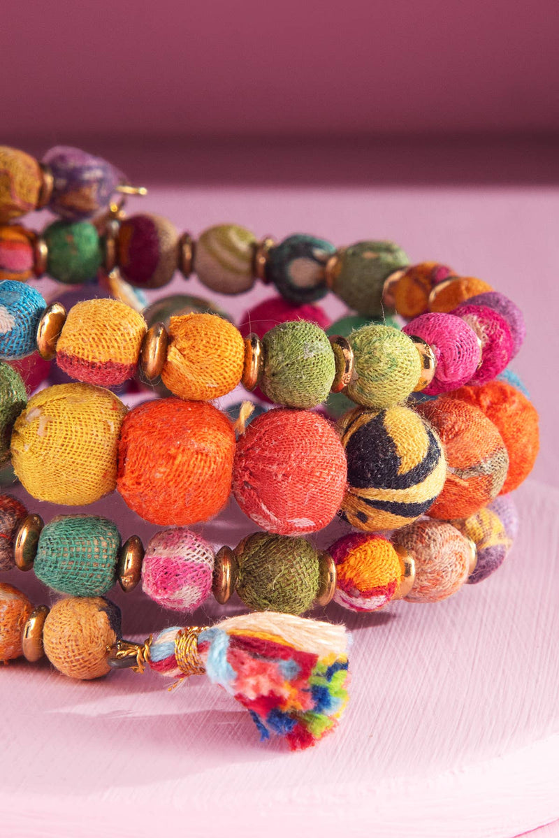 Handmade Beaded Coil Bracelet with Tassels - Multi