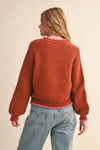 Puff Sleeve Sweater Contrast Stitch - Brown