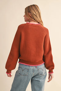 Puff Sleeve Sweater Contrast Stitch - Brown