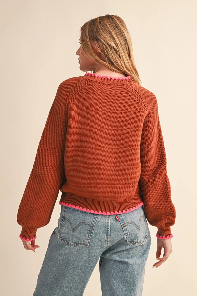 Puff Sleeve Sweater Contrast Stitch - Brown