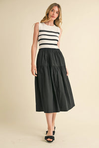 Mixed Media Striped Midi Dress - Black