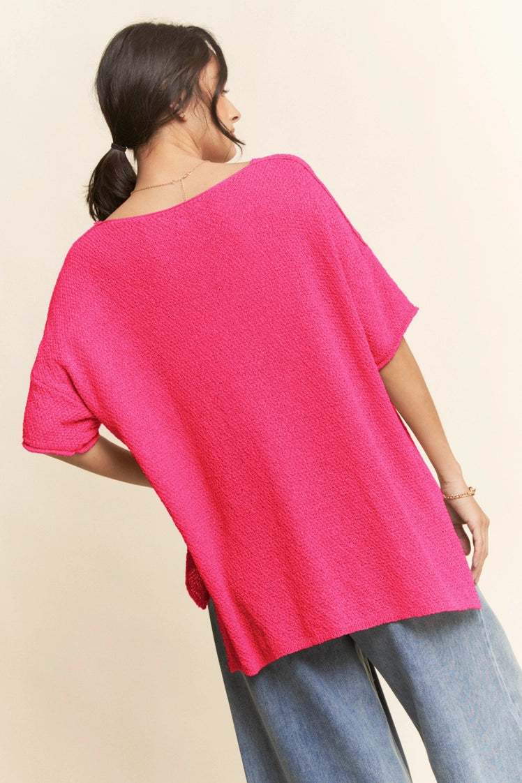Solid Loose Sweater Top Magenta Pink
