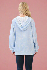 Textured Floral Hooded Pullover - Light Blue