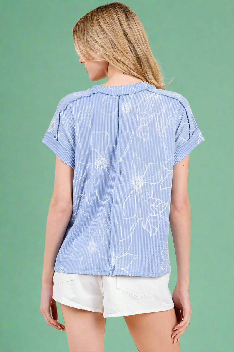 Rib Knit Floral T-Shirt - Light Blue
