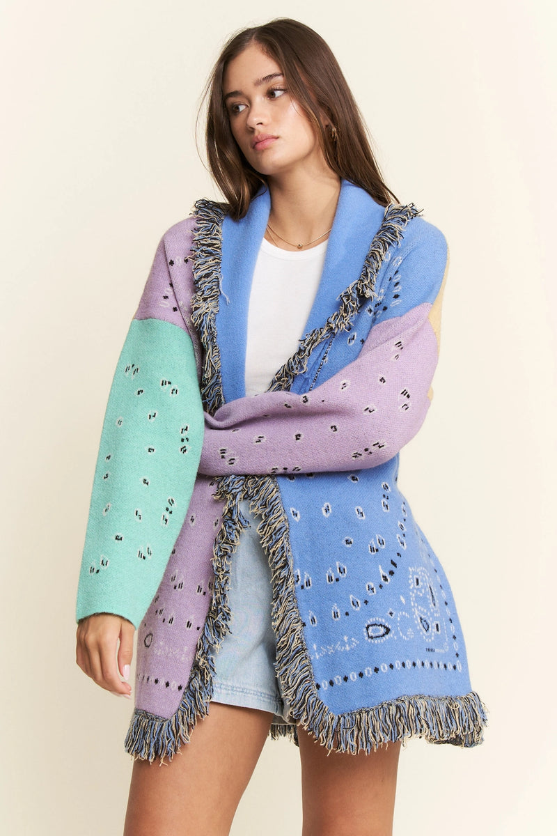 Paisley Print Contrast Cardigan - Lavender