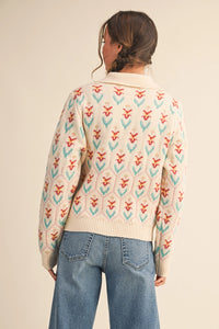 Floral Collared Sweater Cardigan - Ivory