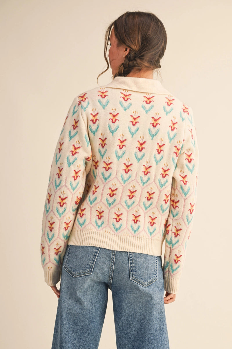 Floral Collared Sweater Cardigan - Ivory