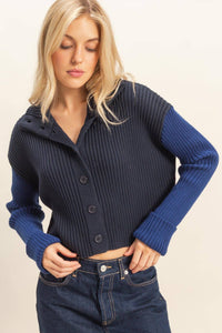 Contrasting Sleeves Sweater Cardigan - Navy