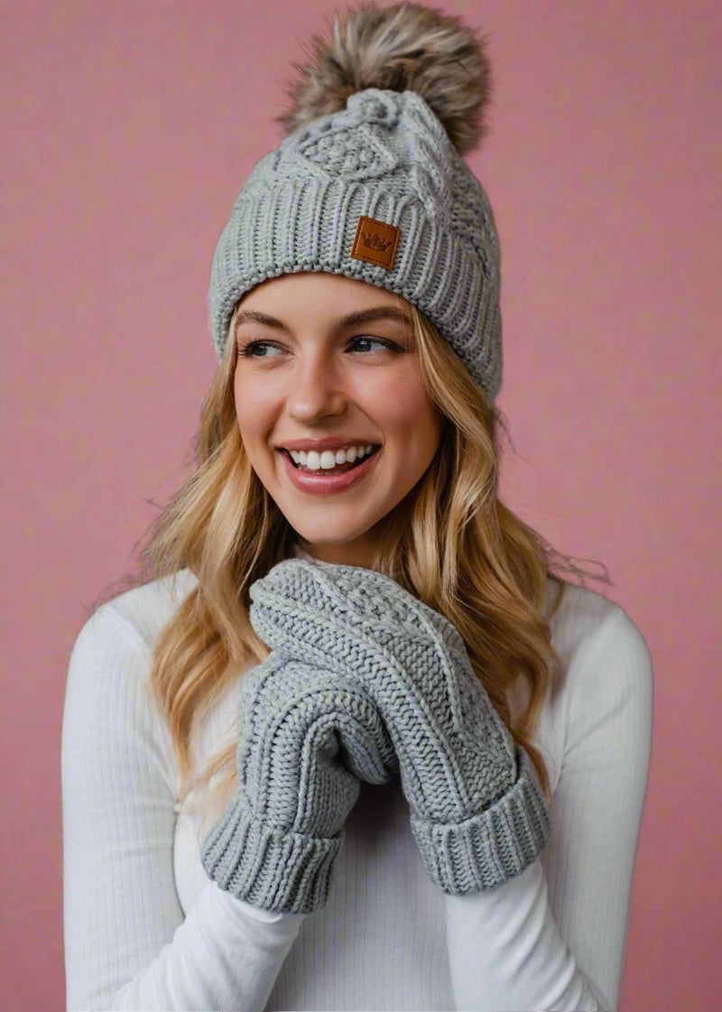 Light Gray Cable Knit Pom Hat