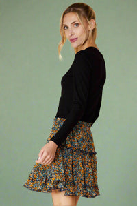 Floral Print Ruffled Mini Skirt With Lining - Navy