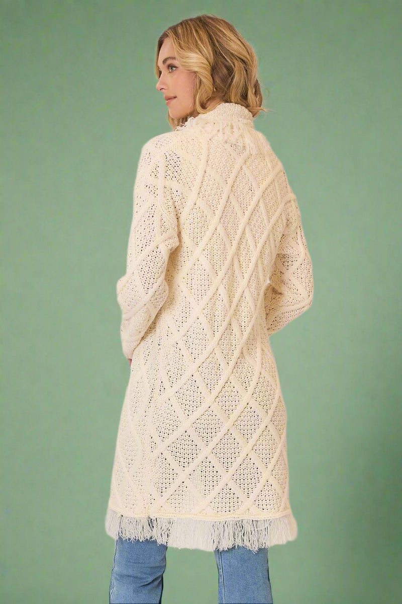 Cable Knit Fringe Hem Cardigan