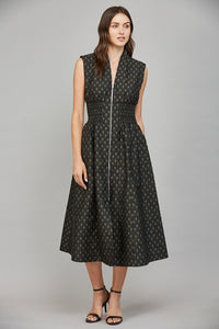 V-Neck Front Zip Midi Dress - Black