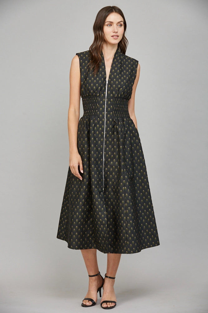 V-Neck Front Zip Midi Dress - Black