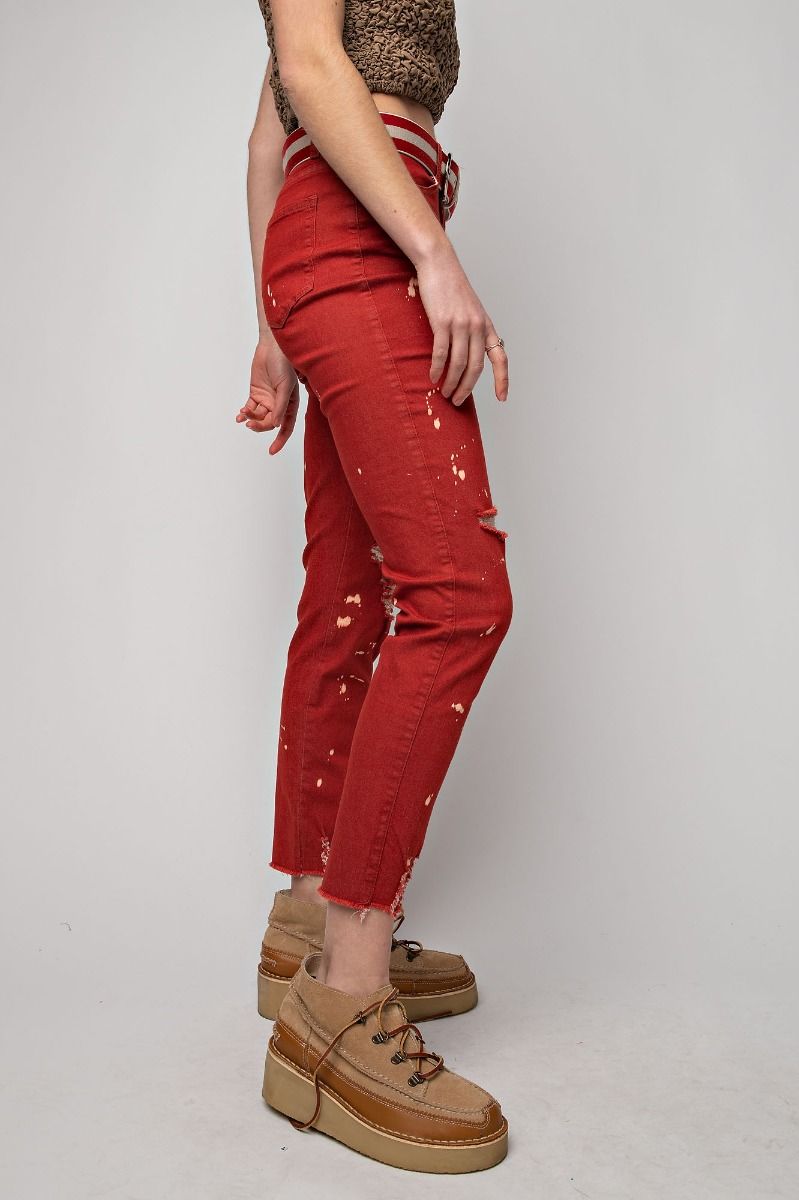 Splatter Bleach Stretch Pants - Red