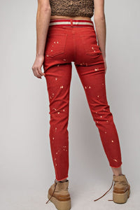 Splatter Bleach Stretch Pants - Red