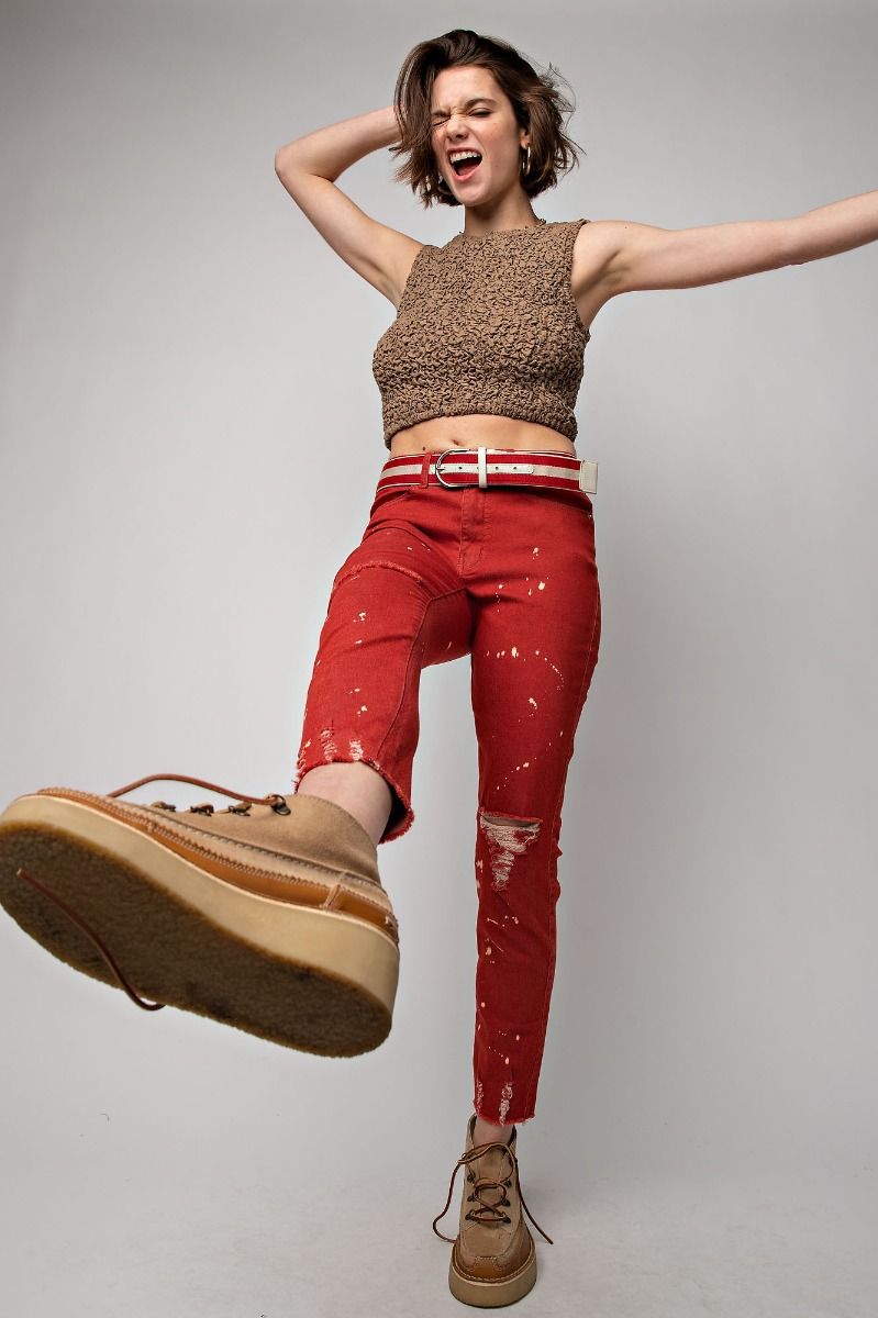 Splatter Bleach Stretch Pants - Red