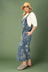 Floral Print Washed Denim Overalls