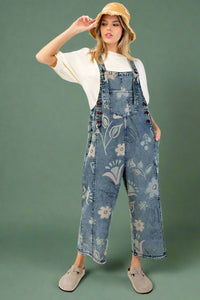Floral Print Washed Denim Overalls
