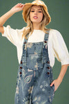 Floral Print Washed Denim Overalls