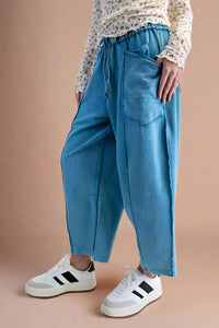 Mineral Wash Barrel Leg Pants - Blue