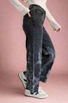 Floral Print Washed Denim Pants - Black