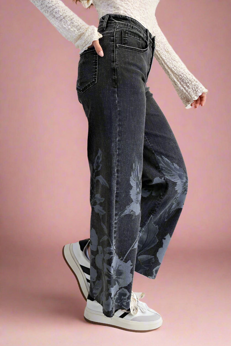 Floral Print Washed Denim Pants - Black
