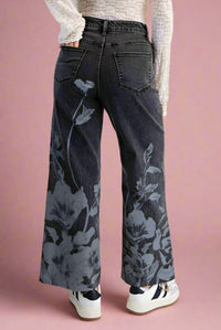 Floral Print Washed Denim Pants - Black
